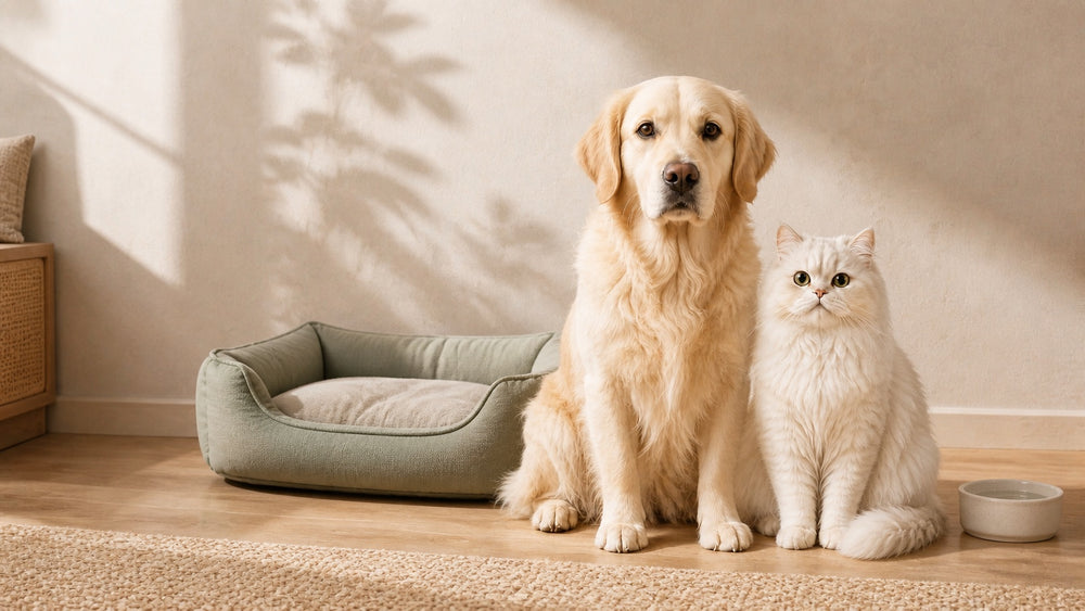 A cat and dog resting together in a calm shared home